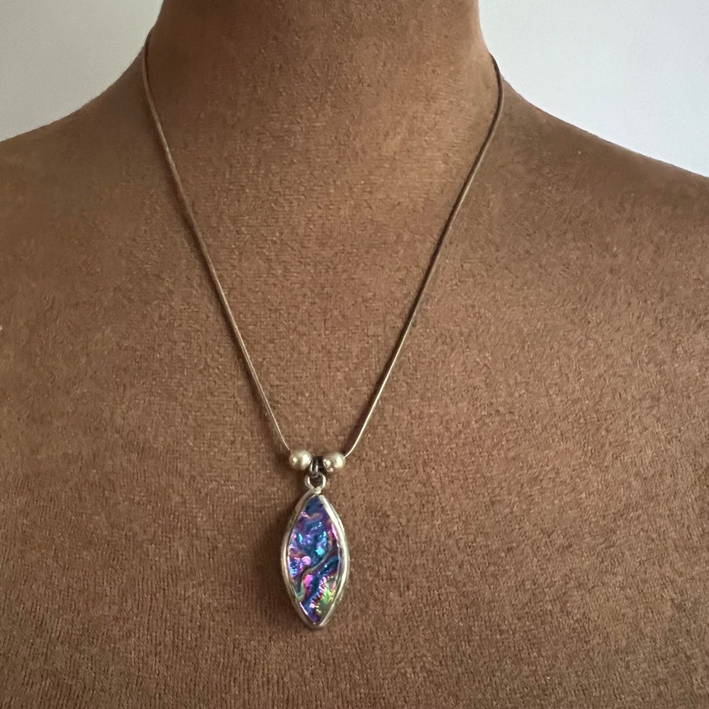 Vintage Sterling Silver 925 Iridescent Dichroic Glass Pendant Necklace Size 16in